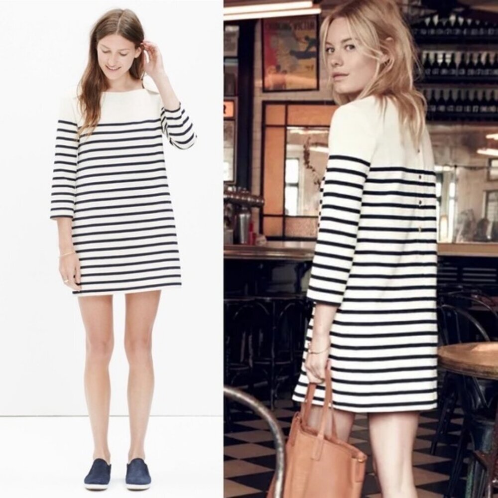 Sezane Striped Shift Dress Size Large Madewell Button Back Cream Black Mini Boho